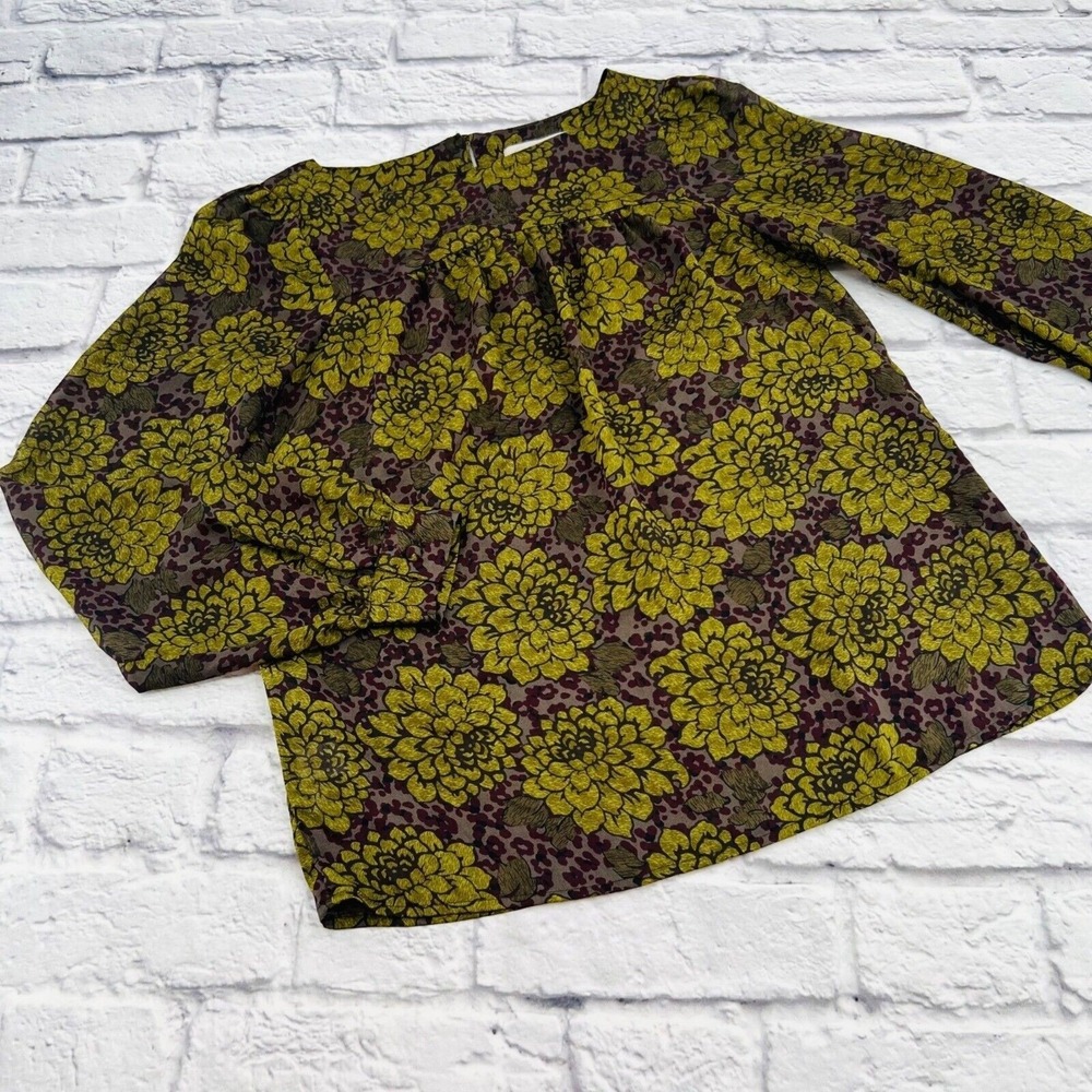 Loft Womens XXS Floral Print Blouse Yellow Olive Long Sleeve Top Business Casual